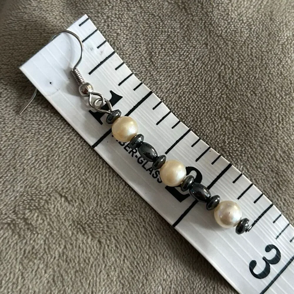 Handmade Hematite and Pearl Dangle Earrings
